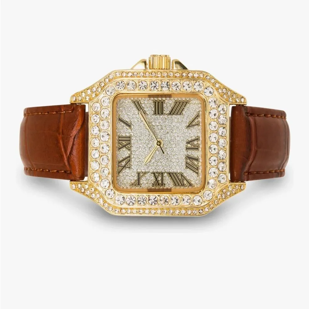 Bust Down Iced Out Hip Hop Watch Brown Silicone Strap VVS Diamond Gold Bling